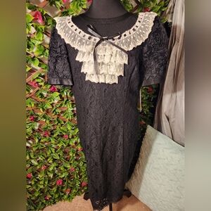 Elegant Black Lace Dress with White Accents